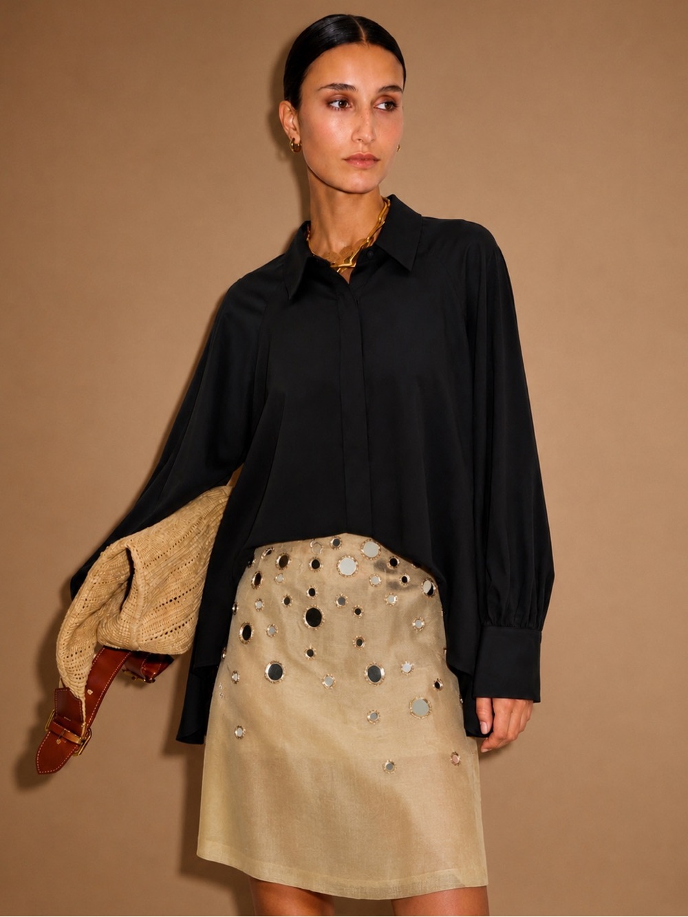 NWOT Cuyana Silk Button-Up Shirt w/Leather Cuffs in Black | Size Small (US 4-6)